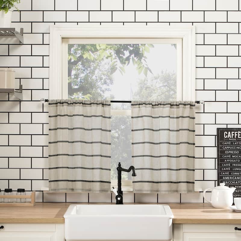 Clean Window Twill Stripe Anti-Dust Linen Blend Sheer Cafe Curtain Pair - Black - 52 x 36
