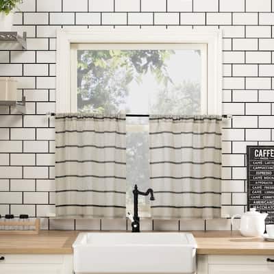 Clean Window Twill Stripe Anti-Dust Linen Blend Sheer Cafe Curtain Pair