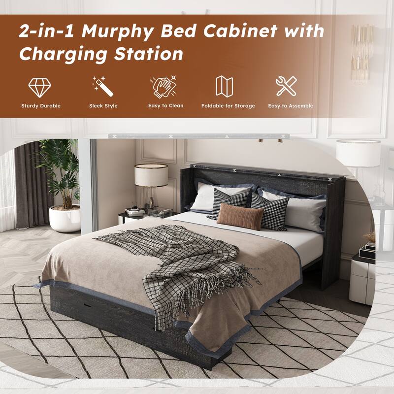 57" Murphy Bed with Storage Drawers & Charging Cabinet - Folding, Wheeled & Noise-Free for Guest Room, Living Room, Office