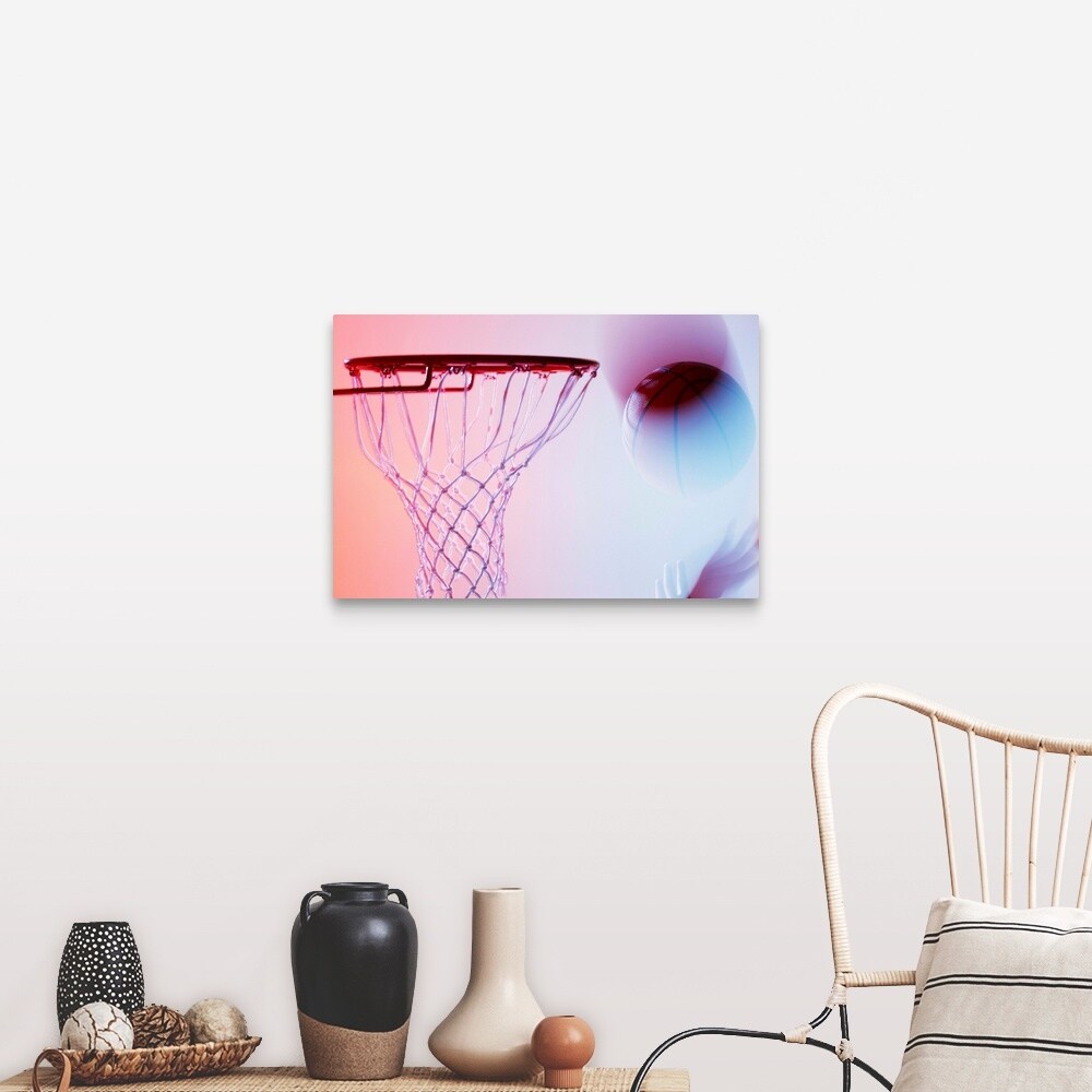 Shop Blurred View Of Basketball Going Into Hoop Canvas Wall Art