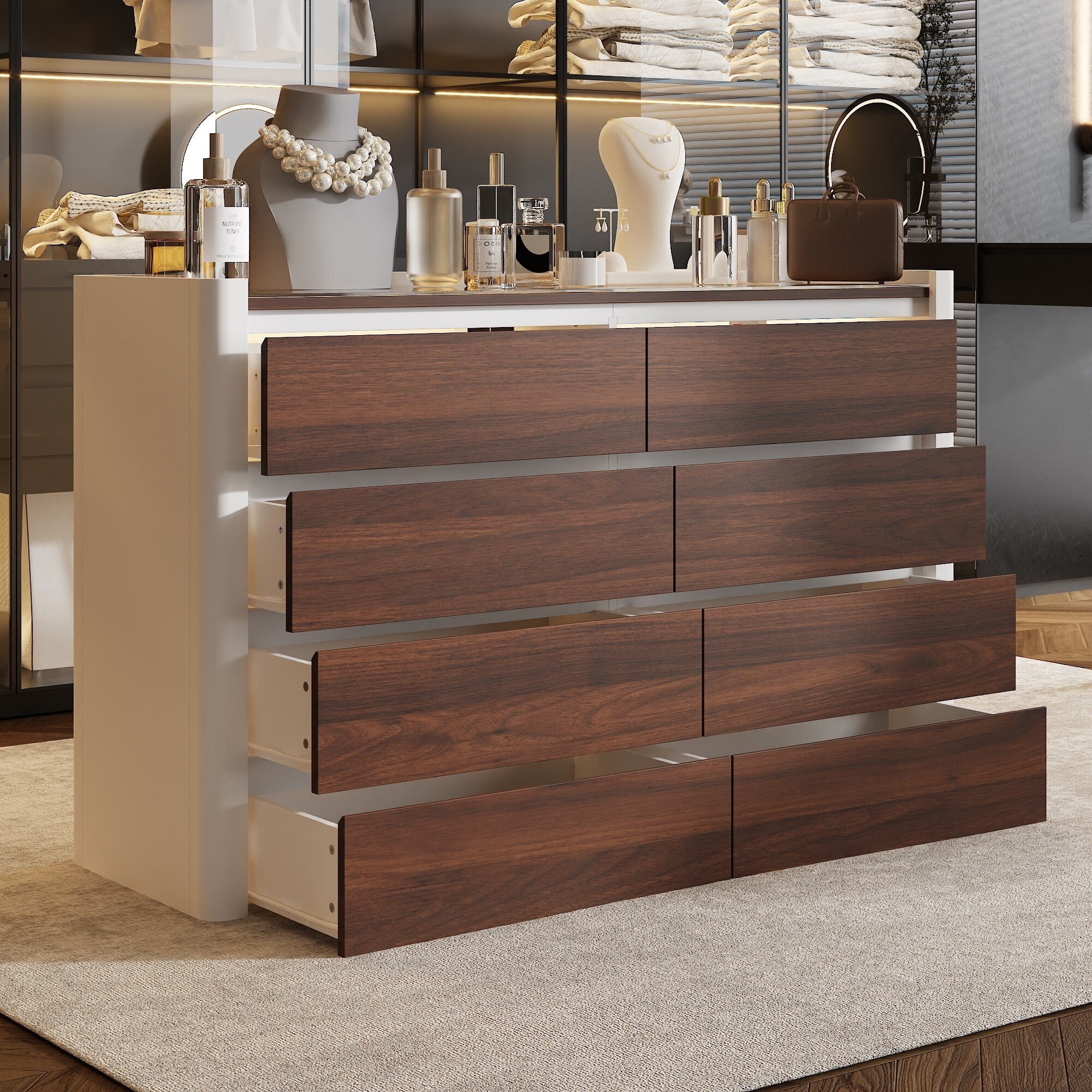 8-Drawer Dresser w/Glass Top, Pine Wood Frame, LED Display 8-Drawer Dresser w/Glass Top, Pine Wood Frame, LED Display