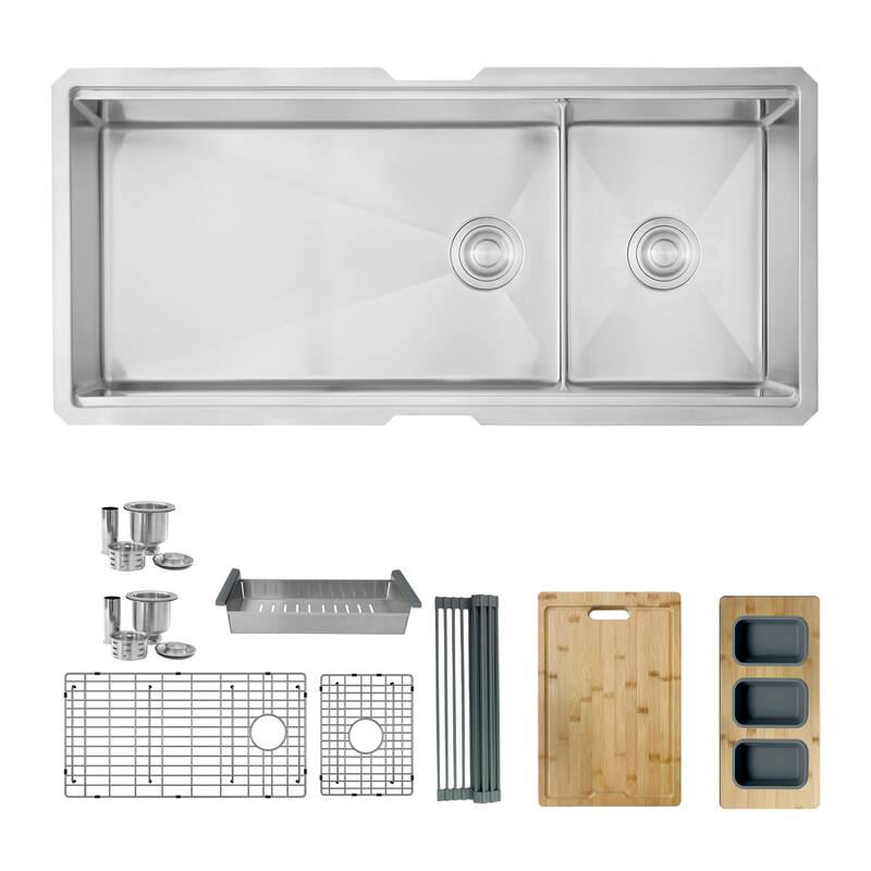 STYLISH 42 inches Workstation 70/30 Double Bowl Undermount 16 Gauge Stainless Steel Kitchen Sink with Accessories included