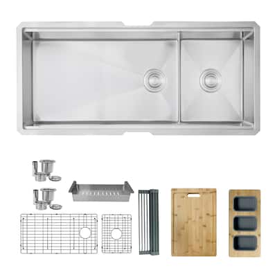 Undermount 42 inch Stainless Steel Double Bowl Workstation Kitchen Sink Handmade