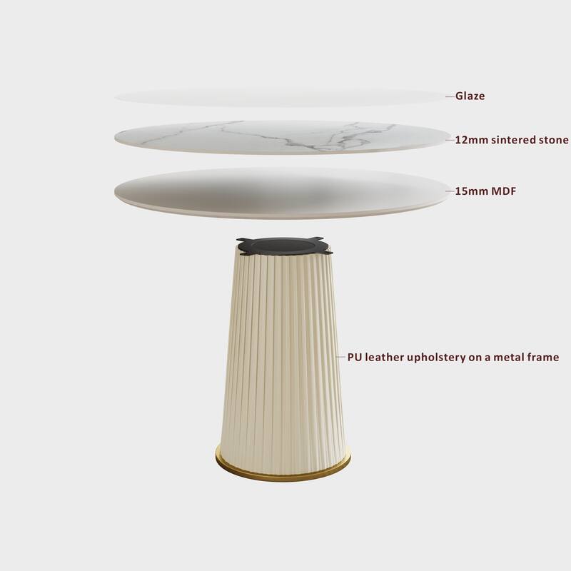 Modern 35.43 Inch Round Dining Table, Glossy Sintered Stone Top with Pleated PU Leather Iron Pedestal, Adjustable Feet - White
