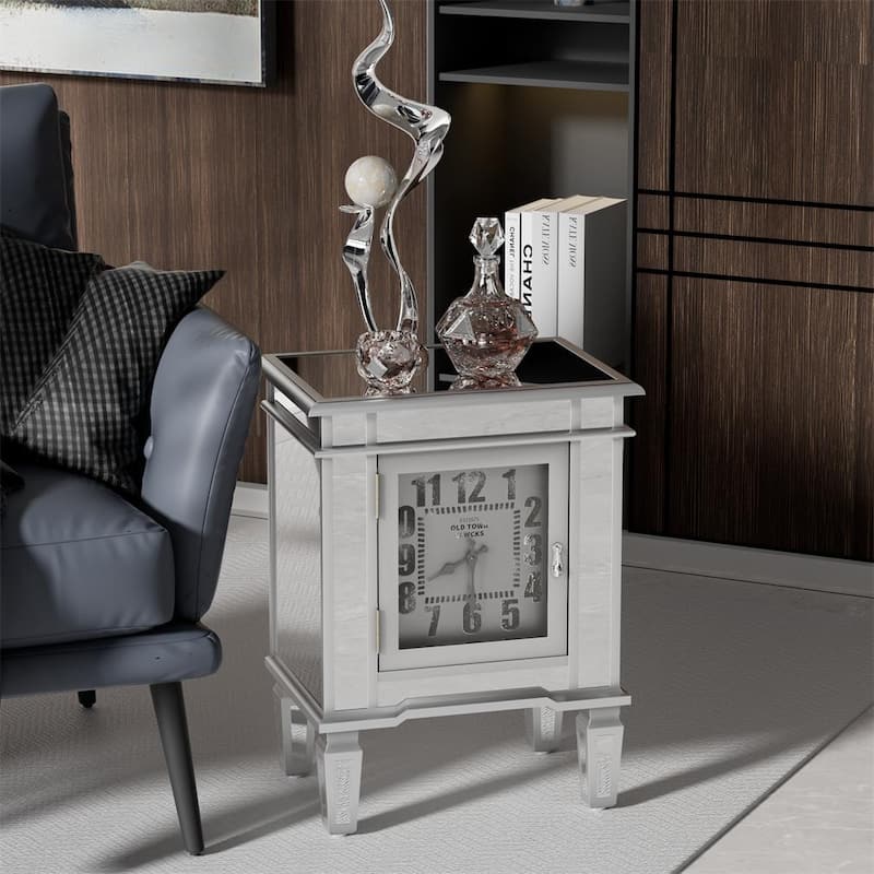 Luxury Clock Mirrored End Side Table, with Clock Display & 1 Door Cabinet Clock Mirrored Cabinet Mirror / Silver for Bedroom