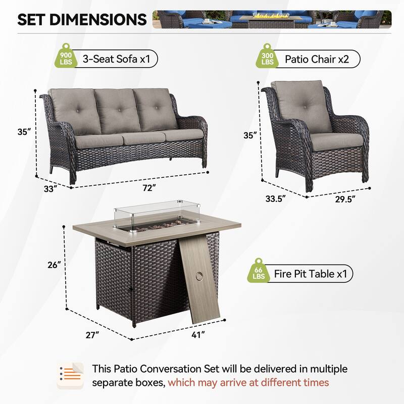 Gymojoy 4-Piece Outdoor Wicker Furniture Set, 2 Patio Chairs, 3-Seat Sofa & Fire Pit Table