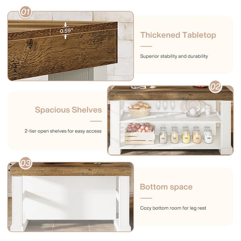 59 Inch Stationary Kitchen Island with Seating and Shelves, Farmhouse Style - 31.5" D x 55.12" W x 35.43" H