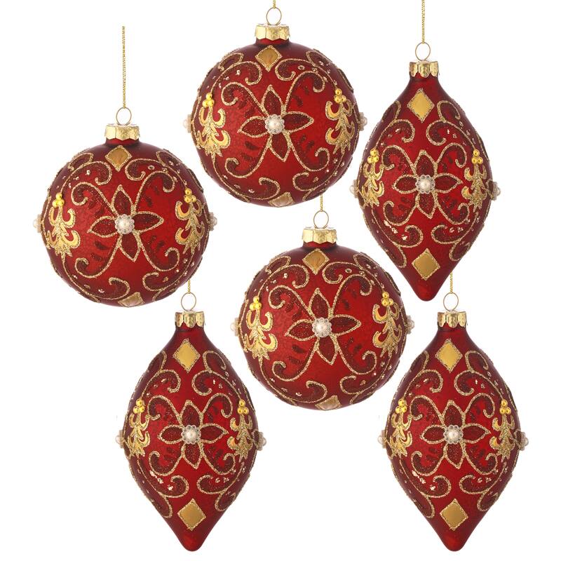 4-6" Glass Fluerette Finial and Ball Oranment Set of 6