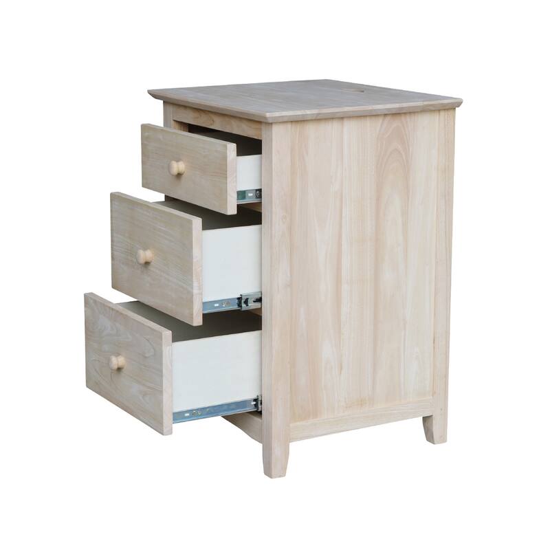 International Concepts Solid Wood 3-Drawer Nightstand with Power Outlets & USB, Unfinished Bedside Chest with Deep Drawers