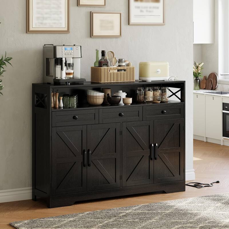 51" Modern Farmhouse Sideboard Buffet Cabinet with Storage, Wood Buffet Storage Cabinet with Charging Station - black