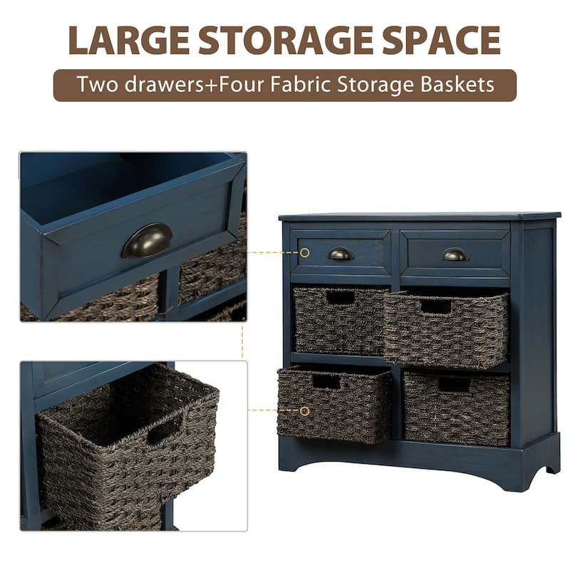 Rustic Storage Cabinet with 2 Drawers and 4 Classic Rattan Basket - 28"L×11.8"W×28"H