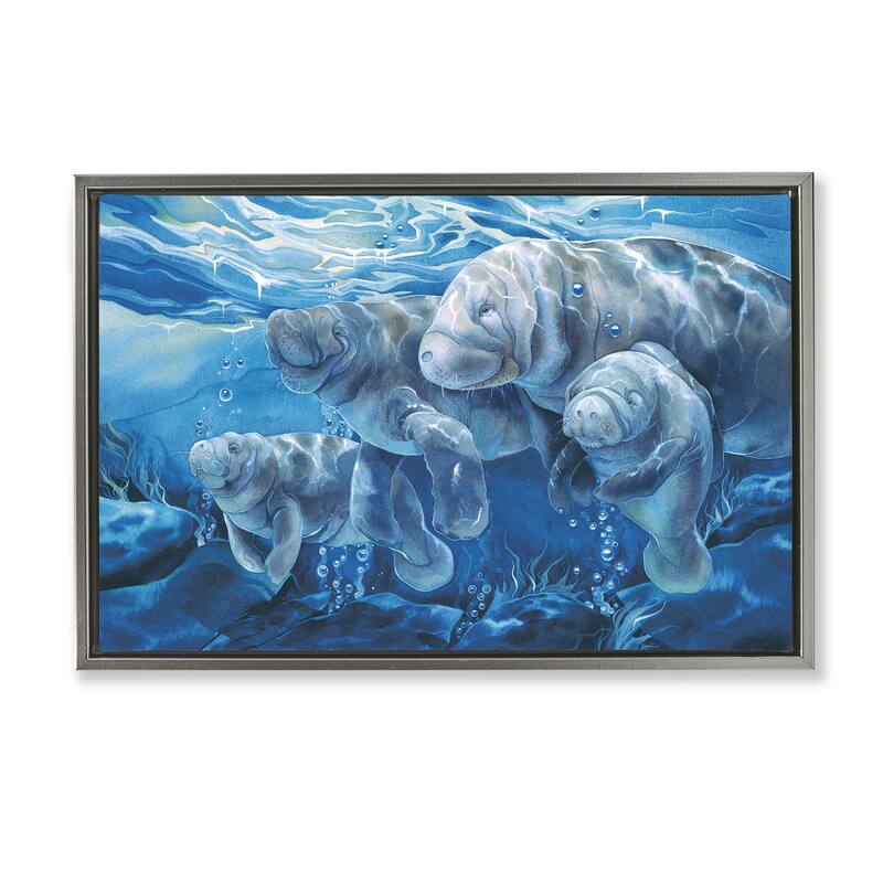 Stupell Underwater Manatee Family Framed Floater Canvas Wall Art Design By Jody Bergsma - 31 x 21 - Grey