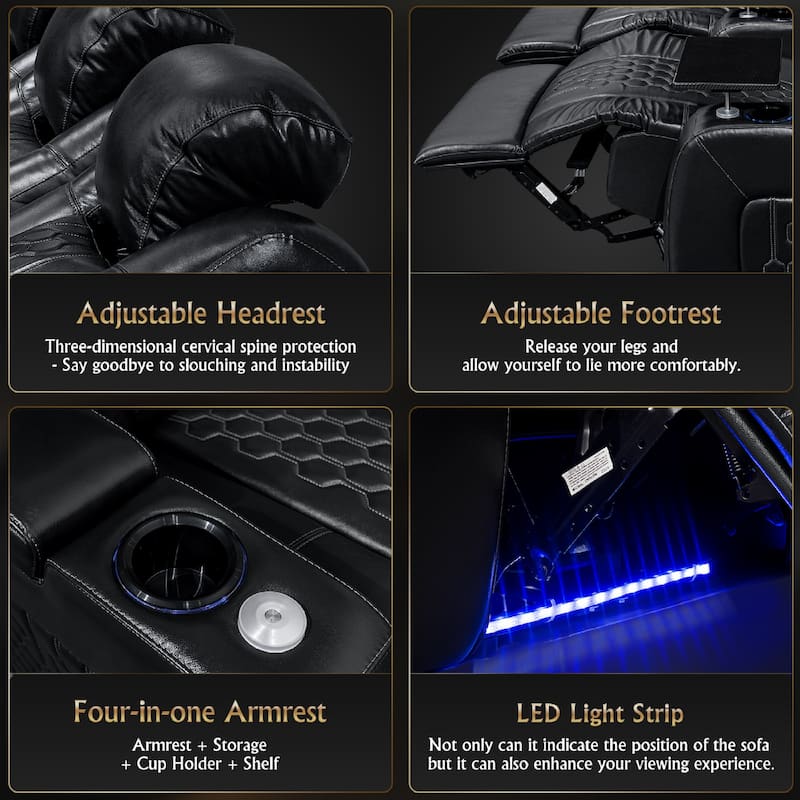 Roomfitters 93.3" Power Recliner 3-Piece Set, Top-Grain Nappa Leather, 15-Color RGB LED & USB-C Charging, Black