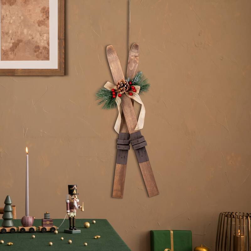 Snow Skis with Burlap Bow Wooden Christmas Decoration - 23.5"