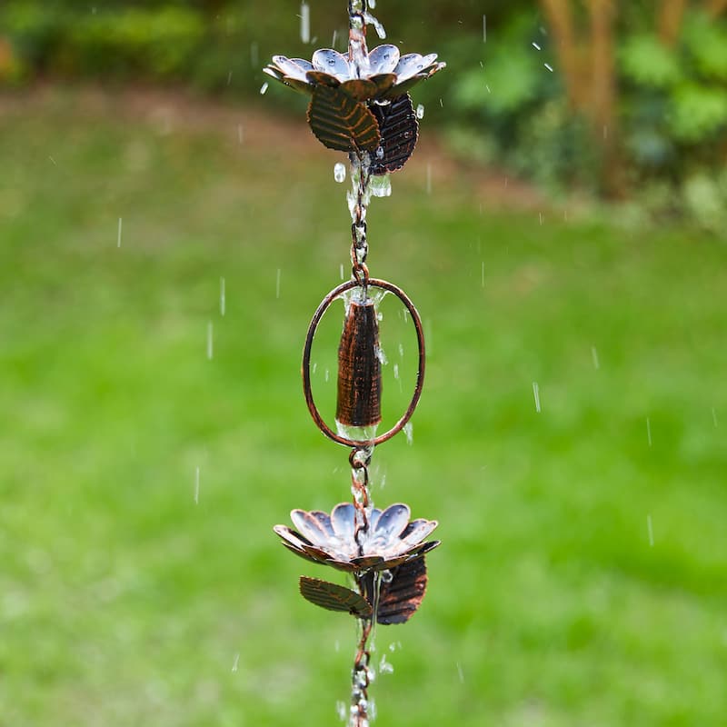 Glitzhome 102"L Antique Bronze Rain Chain with 20-Piece Lotus Flowers & Bells