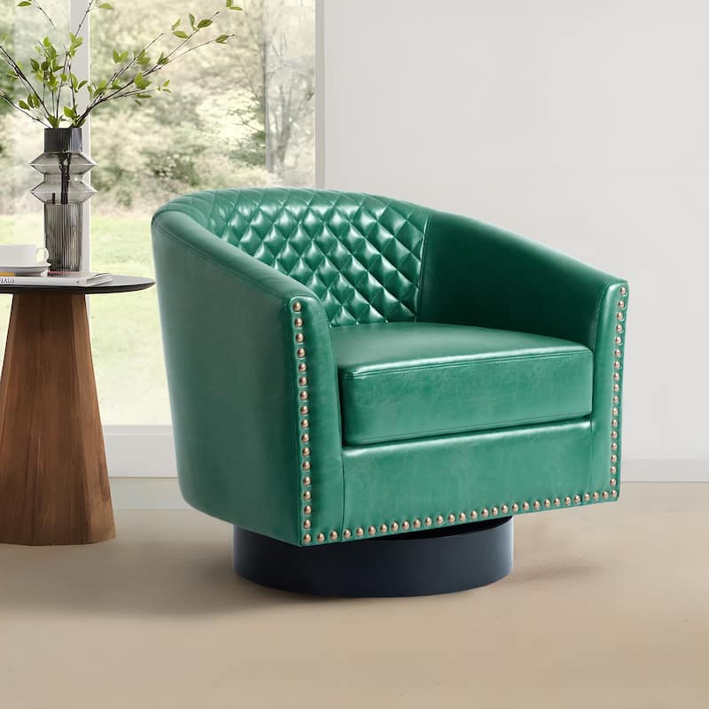 Modern Armchair Faux Leather Nailhead Trim Swivel Accent Chair - Green/Swivel