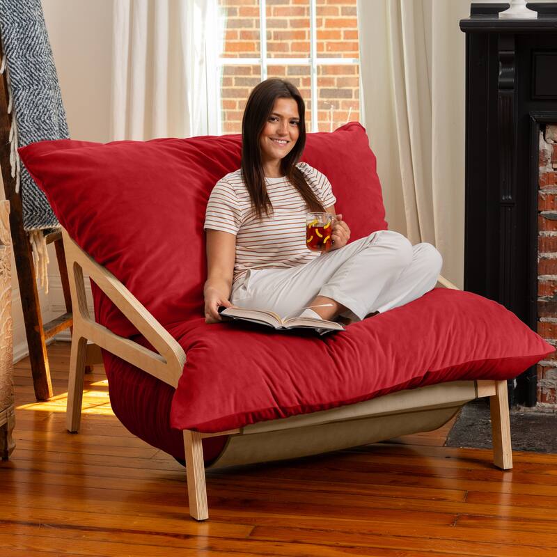 Pillow Saxx Dream Lounger with Wood Frame - 3-in-1 Bean Bag - Lush Velvet Merlot