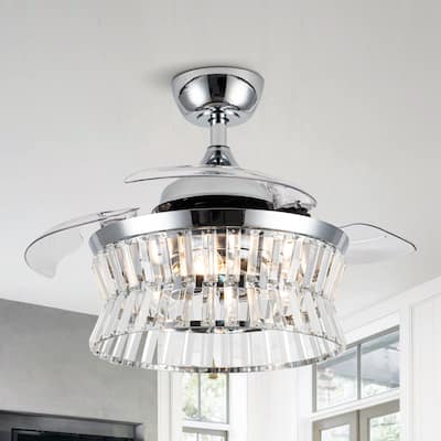 36-in Modern Chrome Retractable 3-Blade Crystal Ceiling Fan with Light and Remote