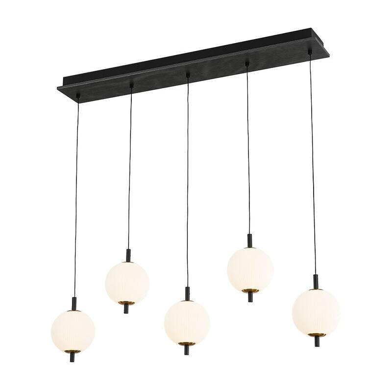 Modern 5-Light Kitchen Island Pendant with Ribbed Acrylic Globe Shade - Matte Black