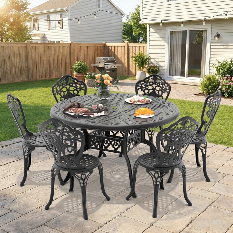 48.03in Round Black Cast Aluminum Outdoor Dining Table with Unbrella Hole & 6 Outdoor Dining Chairs without Cushion