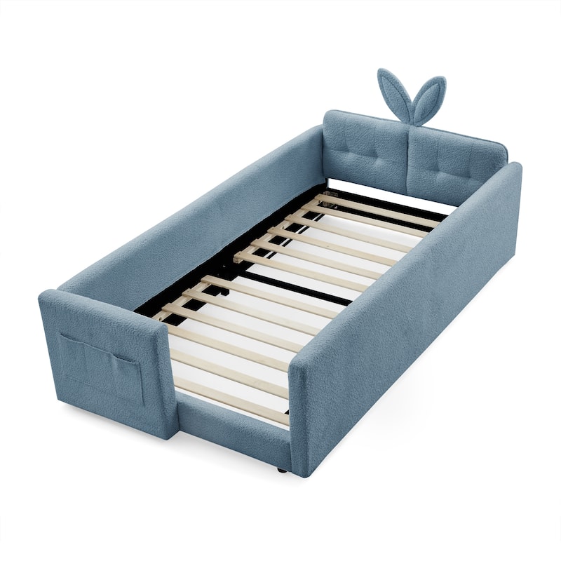 Twin Size Platform Bed Upholstered Bed with Safety Rail and Pocket, Kids Bed with Rabbit Ear, Skin-friendly Boucle Fabric