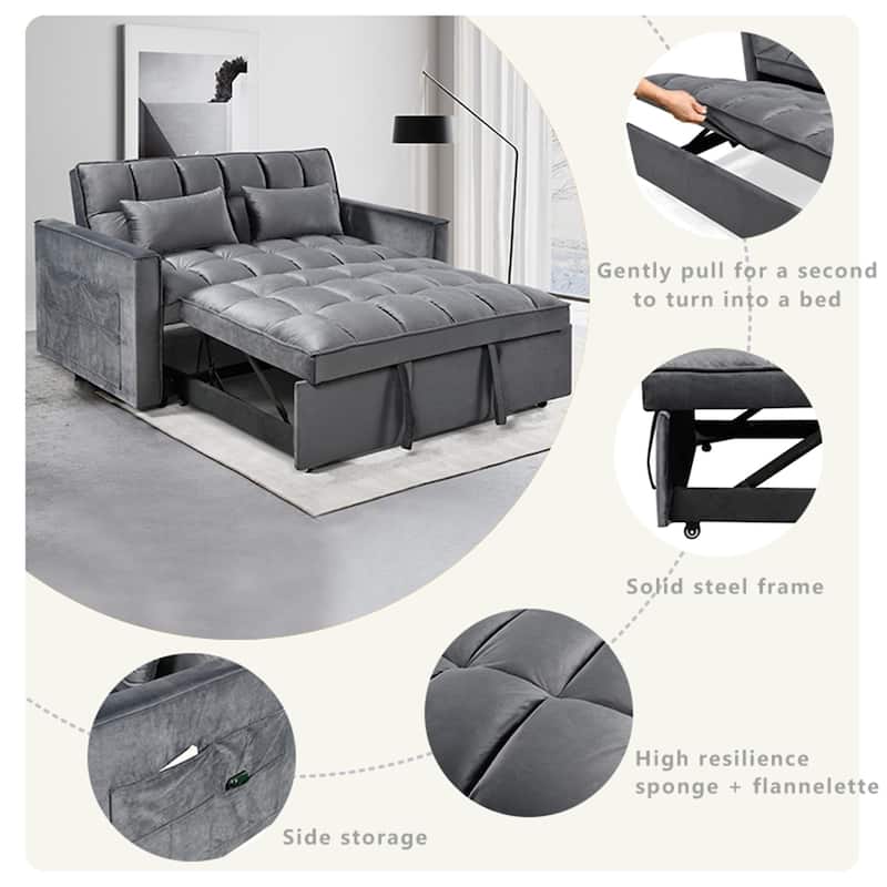 Velvet Sleeper Sofa Couch Pullout Bed, Loveseat Lounge Sofa with Reclining Backrest, Daybed with Toss Pillows & Pockets