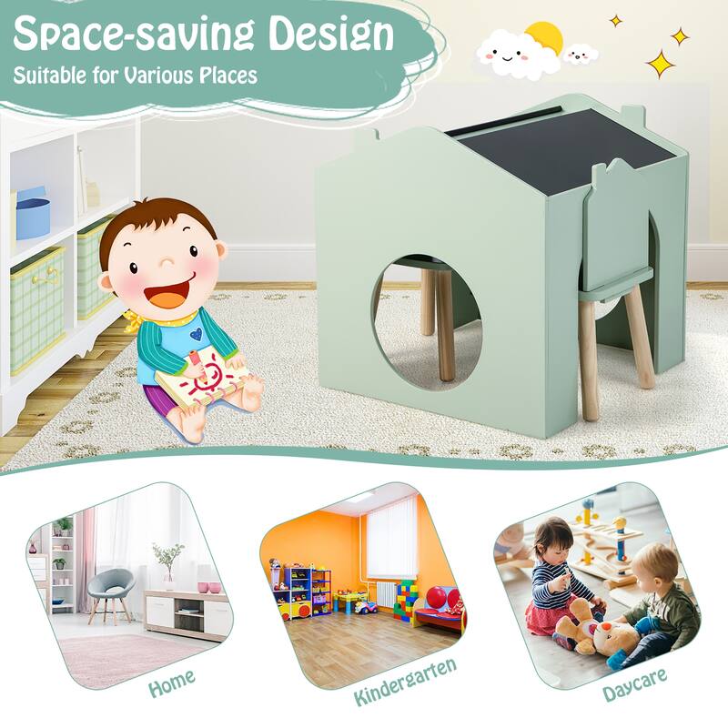 Costway 3 Piece Kids Wooden Table and Chair Set with Blackboard for