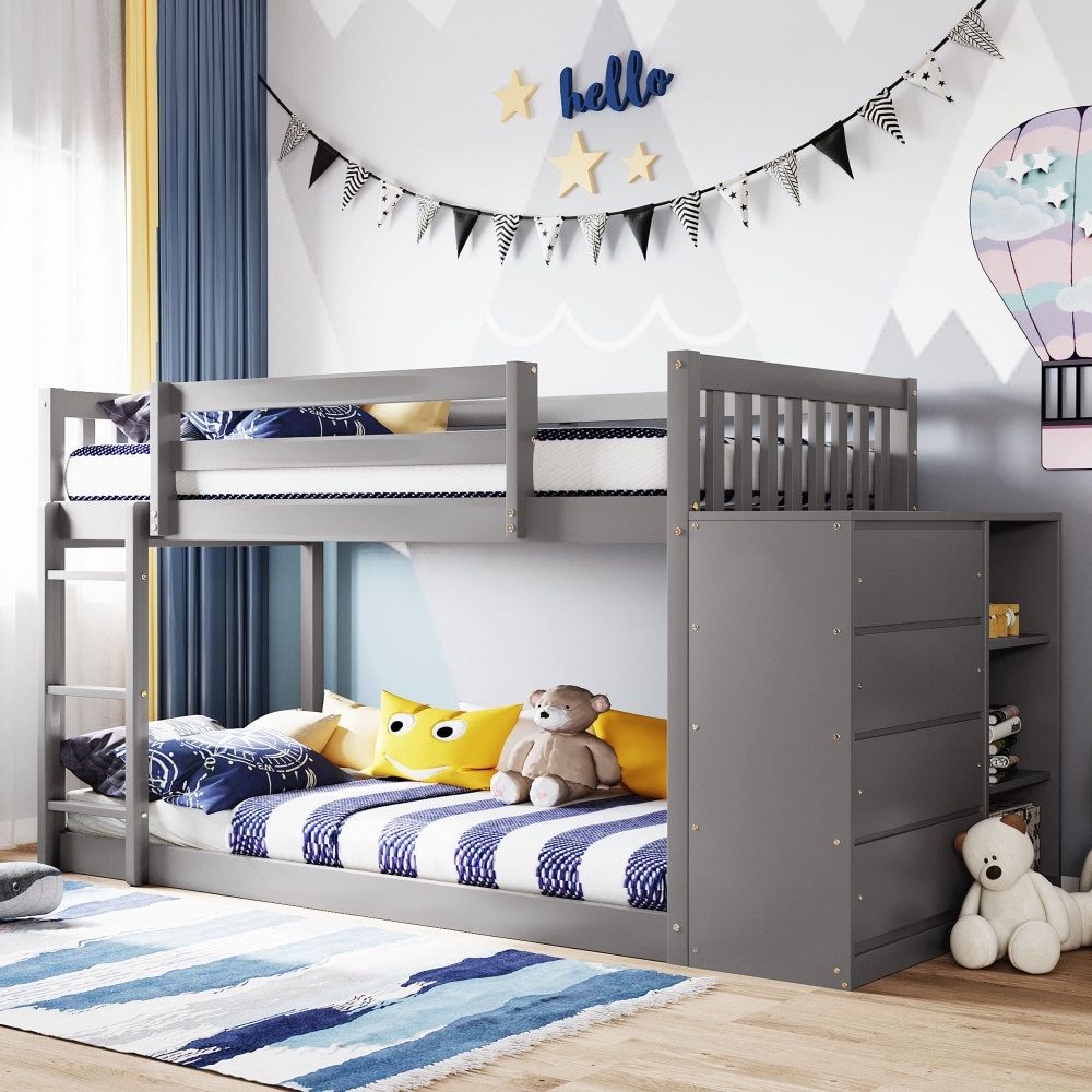 Twin over Twin Bunk Bed with 4 Drawers and 3 Shelves