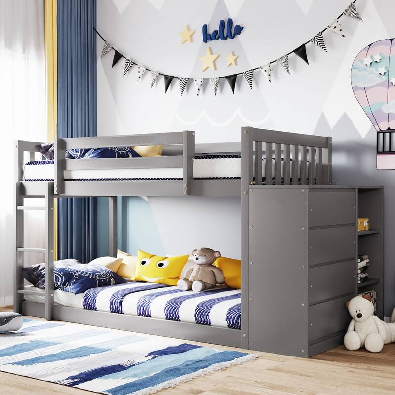 Twin over Twin Bunk Bed with 4 Drawers and 3 Shelves - Grey