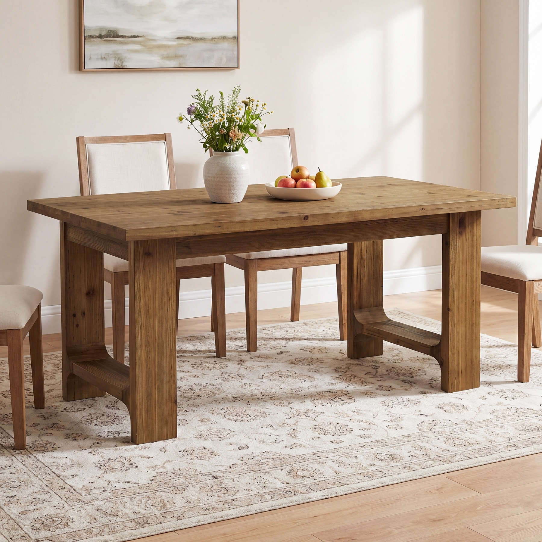 Farmhouse Dining Table, 63" Solid Wood Kitchen Table for 4-6 People