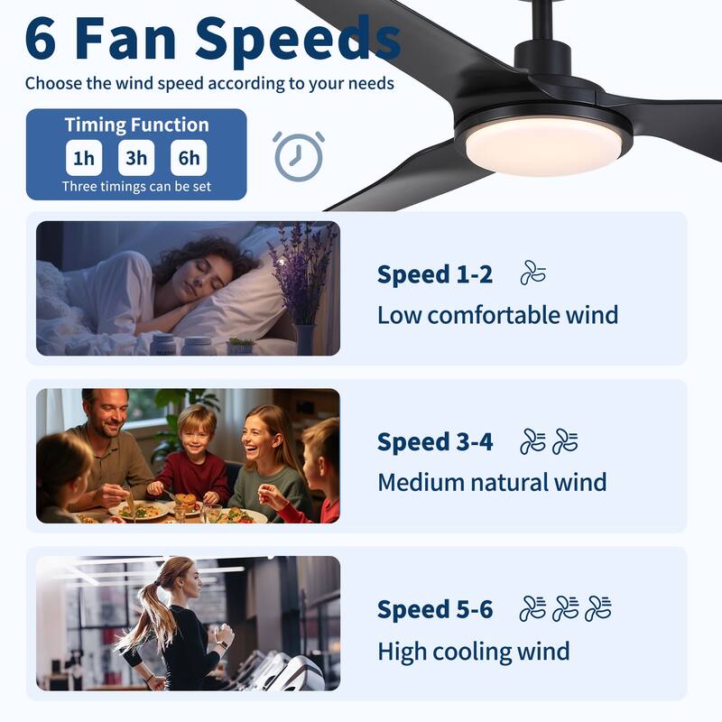 52 Inch Outdoor Waterproof Black Ceiling Fan with Light, IP66 Rated, Quiet Reversible DC Motor, 6 Speeds