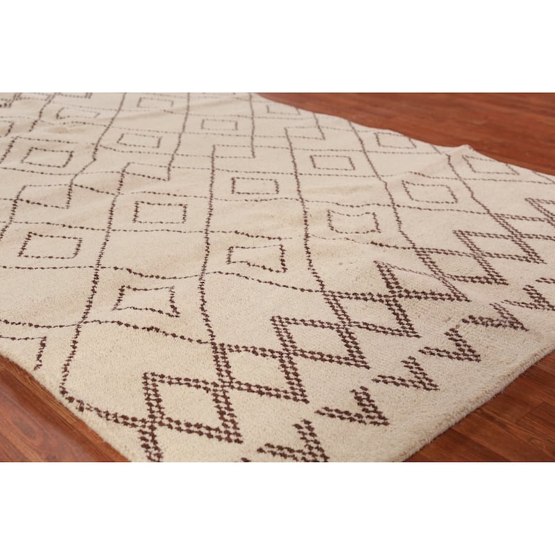Hand Knotted Oriental 100% Wool Carpet Modern Geometric Beige & Ivories Moroccan Area Rug - 8' 0'' X 5' 0''