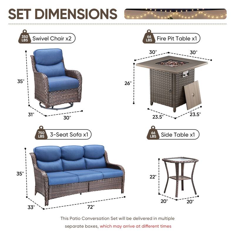 Pocassy Outdoor Propane Fire Pit Table with Sofa Swivel Chair Funiture Set.