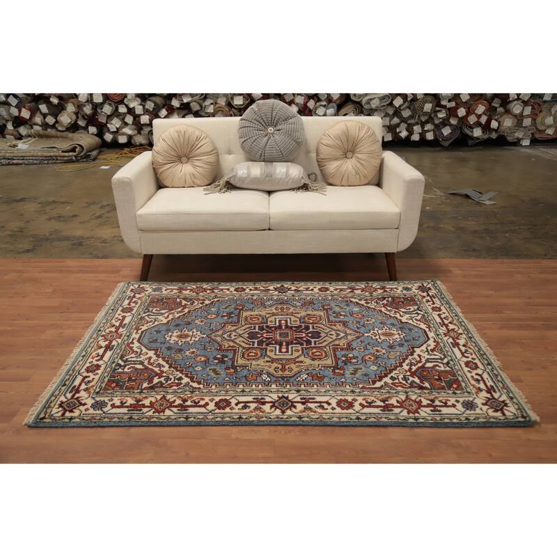 Hand Knotted Oriental 100% Wool Carpet Traditional Medallion Navy Blue & Blues Heriz (serapi) Area Rug - 5' 10'' X 4' 0''