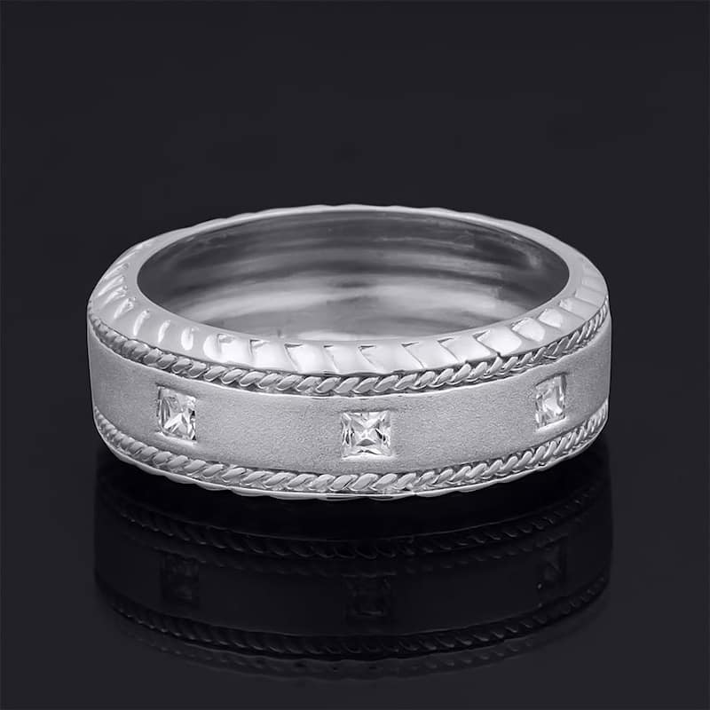 Mens 8mm Cubic Zirconia Wedding Band Ring Princess Cut Sterling Silver