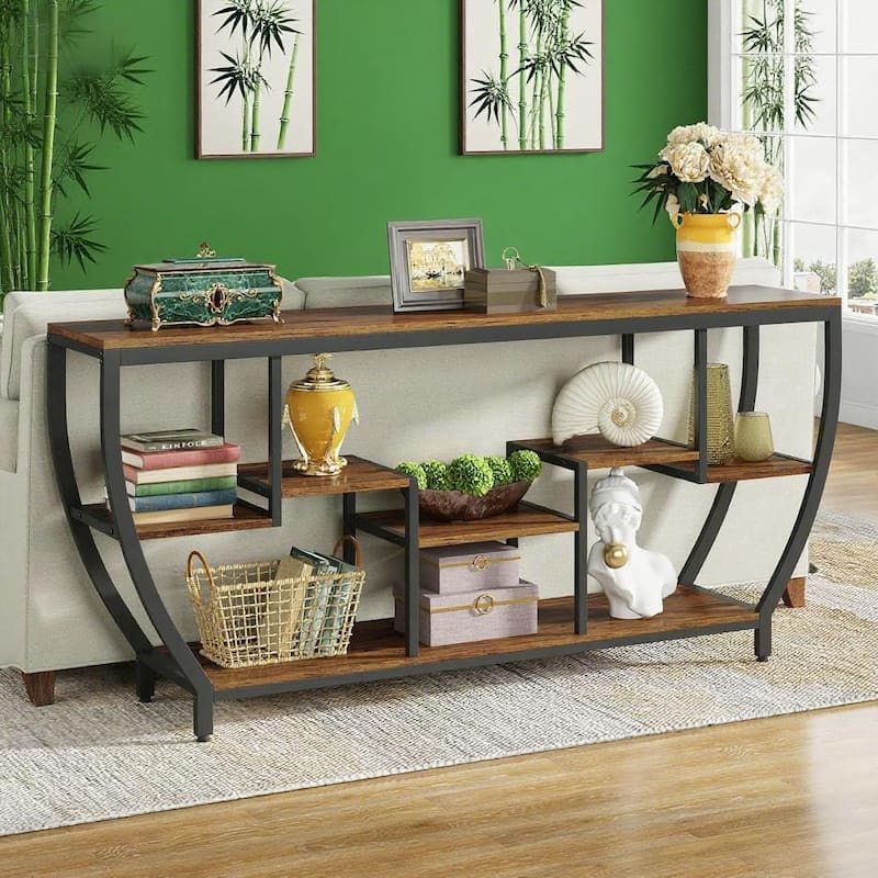 Industrial Console Table with Metal Frame 7 Staggered Shelves Entryway Sofa Hallway Table TV Stand - 70.86" x 11.81" x 35.43"