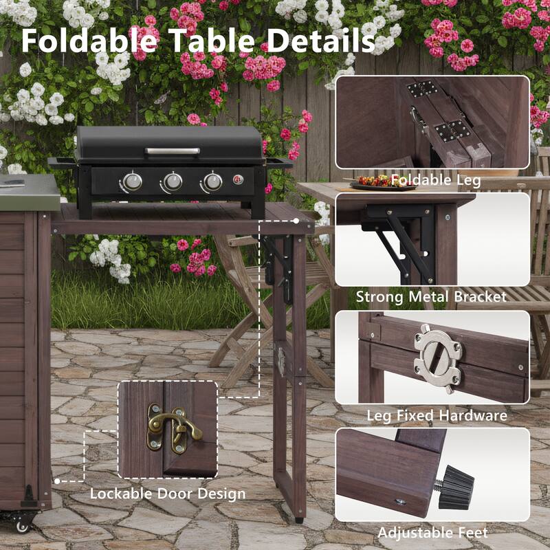 Kitchen Island with Foldable Grill Table, Grill Cart with Trash Can Storage, Stainless Steel Top Pizza Oven Table for Outdoor
