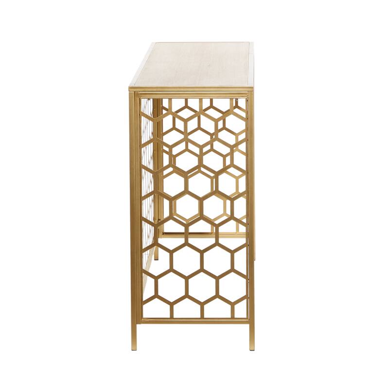 Metal Geometric Honeycomb Pattern Console Table with Brown Wood Top - Gold - Roche River Decor - 14"Wx42"Lx30"H