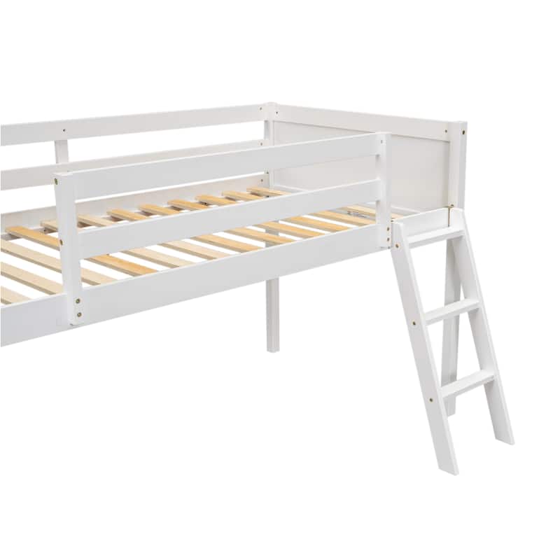 White Twin Size Solid Wood Low Loft Bed with Ladder and Fence
