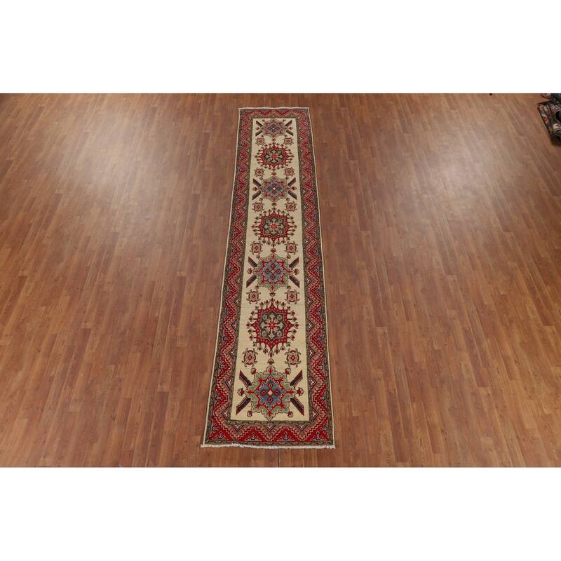 Hand Knotted Oriental 100% Wool Carpet Traditional Geometric Beige & Ivories Kazak Runner Rug - 12' 8'' X 2' 9''