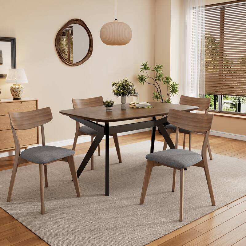 5-Pieces Dining Set with Rubberwood Table, Kitchen Table Set with Upholstered Chairs & Splayed Legs for Dining Room