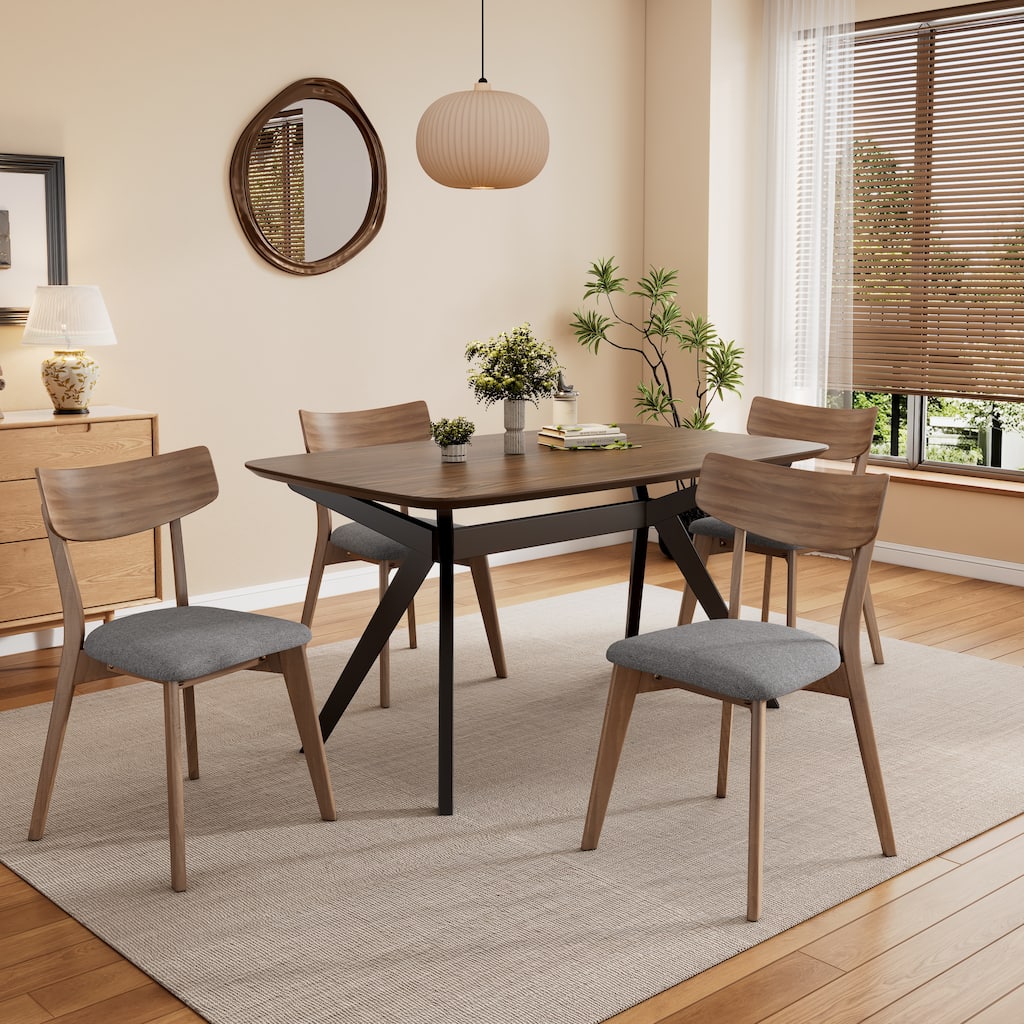 Roomfitters Dining Set Mid-Century Modern Solid Rubberwood Table Upholstered Chairs, Dark Grey Walnut