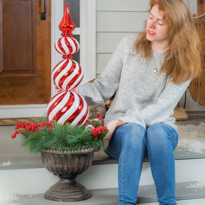 36"H Red/White Finial Shatterproof Battery Operated Twinkling White LED Ornament with Wreath in Urn