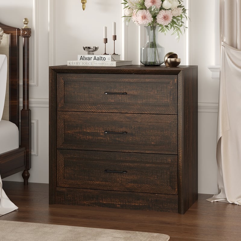 Modern 3-Drawer Wood Dresser for Bedroom, Wide Storage Chest with Metal Handles, Nightstand Cabinet