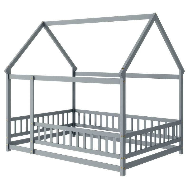 House Floor Bed with Enchanting Roof Frame and Secure Safety Guardrails,Creating a Dreamy and Safe Sleeping Space for Kids