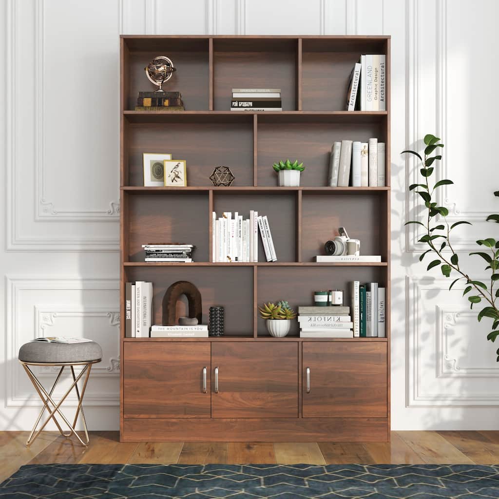 70.87" Tall Wood Bookshelf with 10 Cubes, Mid Century Modern Display Cabinet Open Bookcase with Storage Cabinet for Living Room
