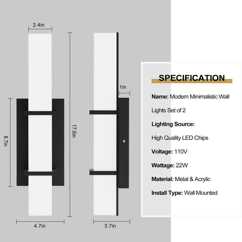 Set of 2 Modern 17.6 Inch Wall Sconces, 3 Color Temperatures