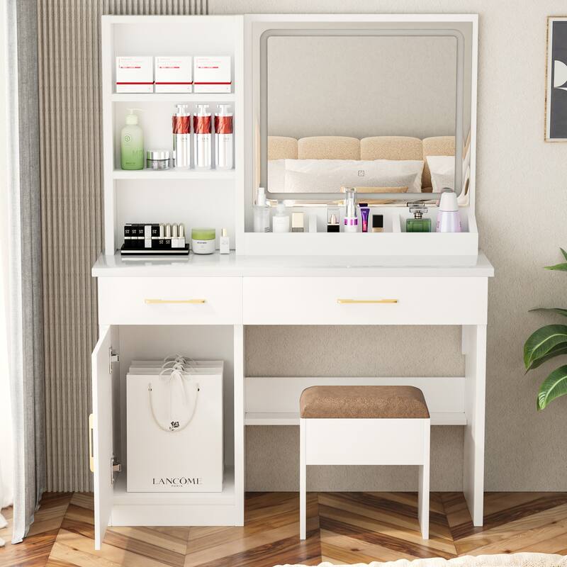 32" Wide Makeup Vanity Desk with Lighted Mirror Power Outlet, Dressing Table with Large Storage Space and Cushioned Stool