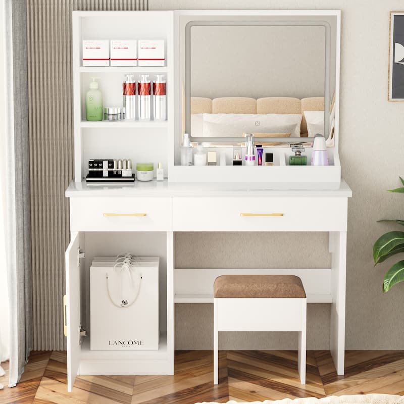 32" Wide Makeup Vanity Desk with Lighted Mirror and Power Outlet, Dressing Table with Large Storage Space and Cushioned Stool