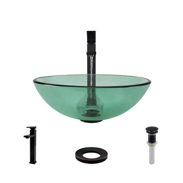 Rene R5-5001-IVY-R9-7003 16-1/2" Glass Vessel Bathroom Sink with Vessel Faucet, Sink Ring, and Vessel Pop-Up Drain